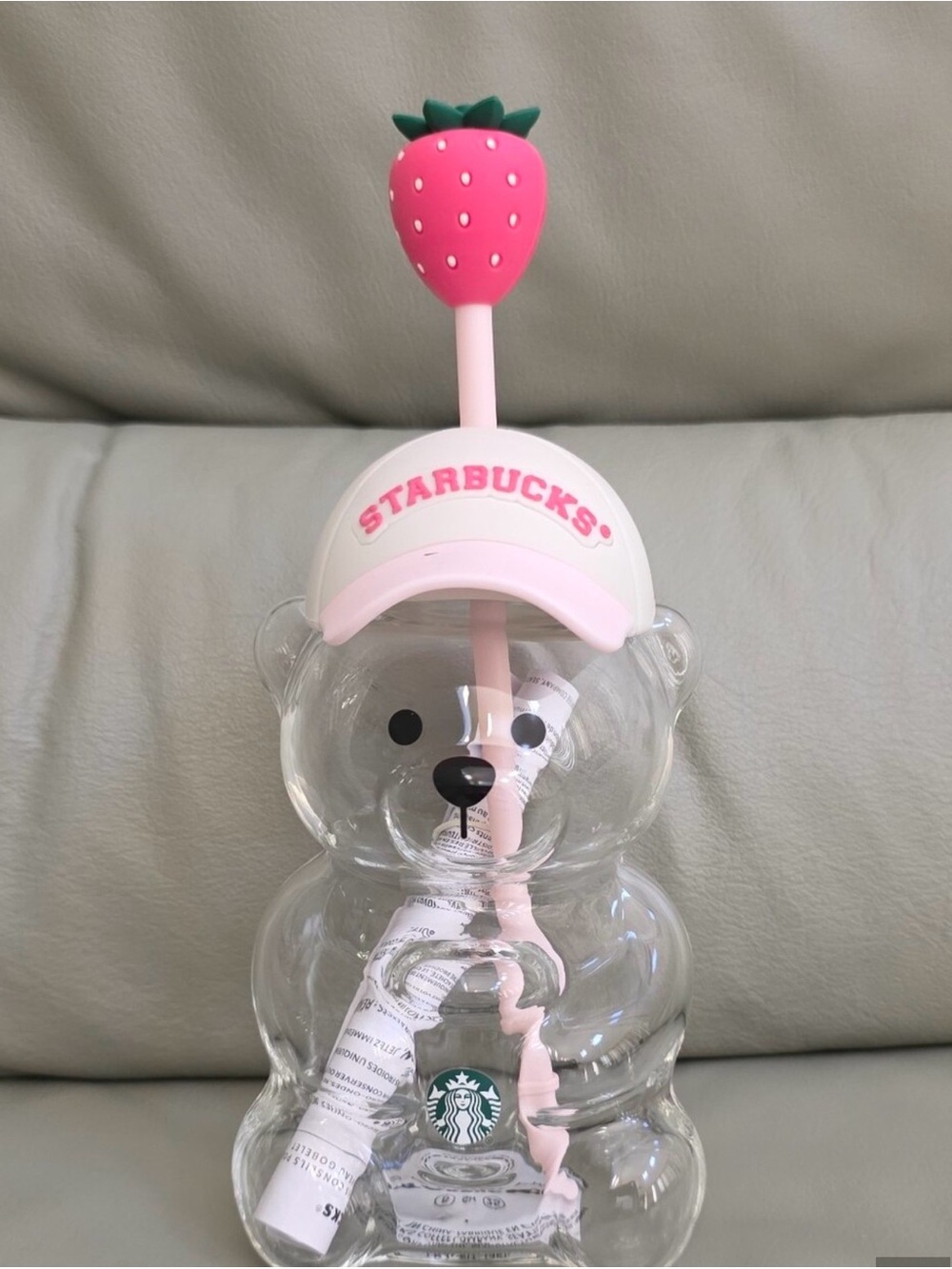 Starbucks Pink-Accented Clear Bear Cup with Strawberry Topper